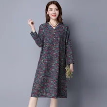 Women Chinese Dress Vintage Long Sleeve Dress Natural Cotton Linen Fabric Autumn Dress Floral Print Party Dress Red Purple Green