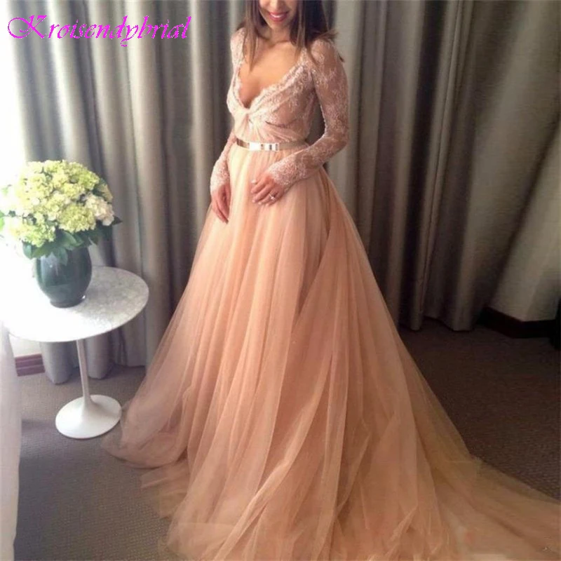 

DZW230 Blush Muslim Evening Dresses 2019 A-Line Long Sleeves Lace V-Neck Tulle Long Maternity Evening Gown for Pregnant Woman
