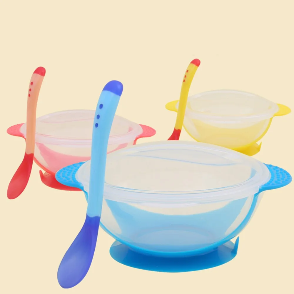 Toddler Baby Kids Child Feeding Lid Training Bowl with Spoon Cartoon Binaural Baby Feeding Tableware Children Plate Sucker Bowl