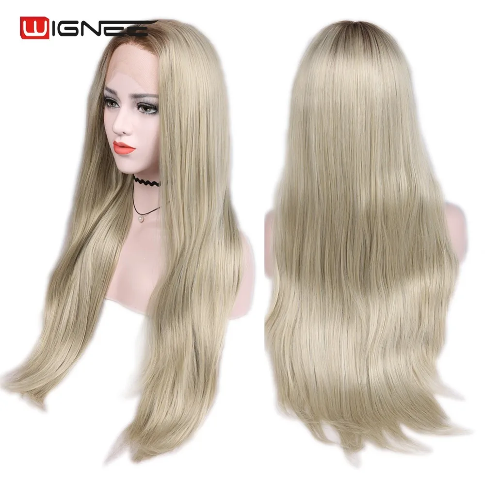 

Wignee Lace Front Synthetic Wigs For Women Long Straight Hair High Density Temperature Ombre Brown Natural Hair Lace Frontal Wig