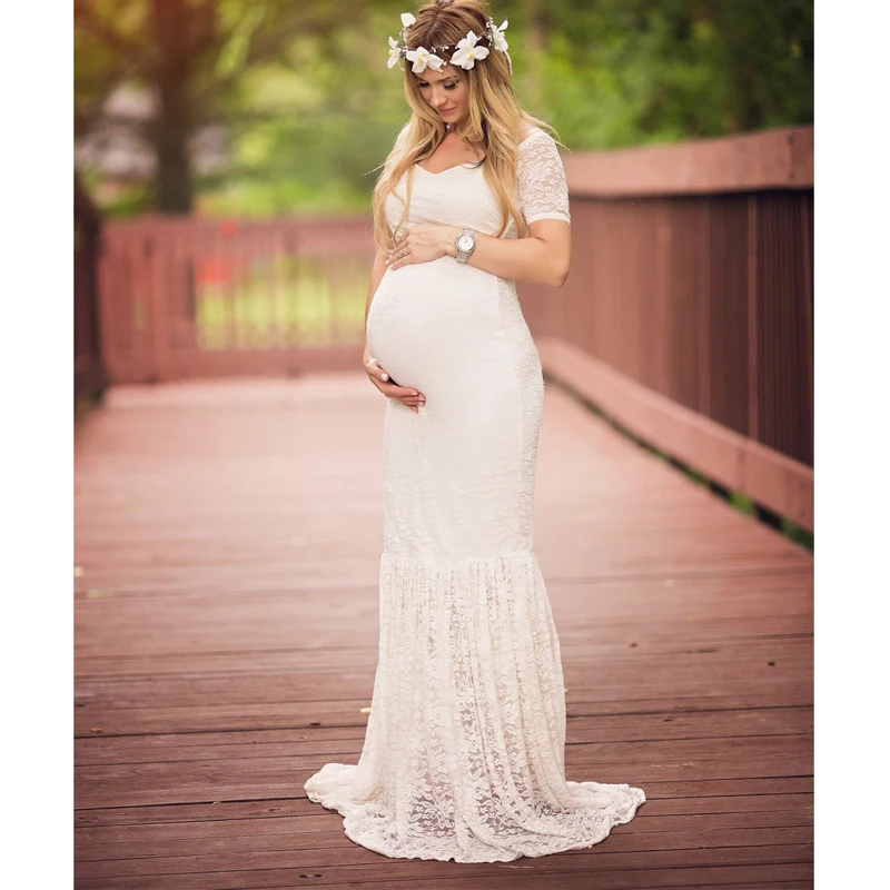 Summer New Sexy Deep V Collar Lace Pregnant Dress Short-sleeve Long Maternity Dress Clothes Photography Props Tight Tail Dress Summer New Sexy Deep V Collar Lace Pregnant Dress Short-sleeve Long Maternity Dress Clothes Photography Props Tight Tail Dress