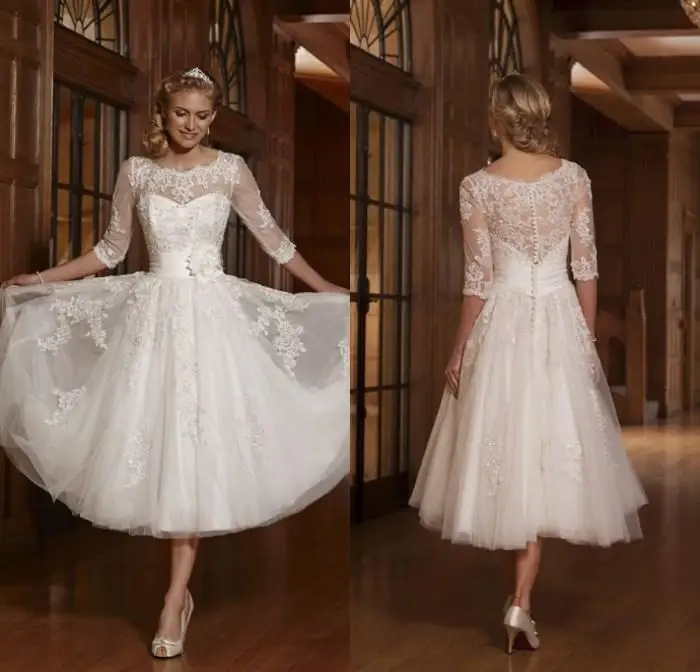 long sleeve lace tea length wedding dress