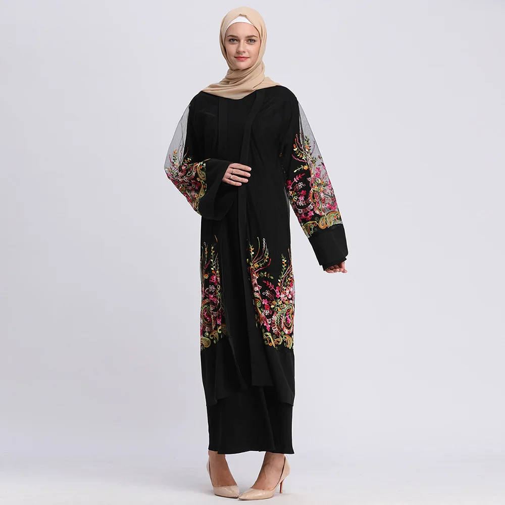 Женское платье-кардиган Abaya длинное мусульманское платье с цветочной вышивкой