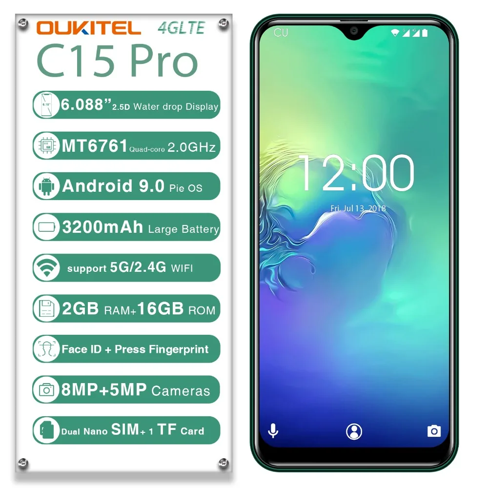 OUKITEL C15 Pro 6,0 HD дюймов 2 ГБ 16 ГБ Android 9,0 мобильный телефон MT6761 отпечаток пальца лица ID 4G LTE смартфон Капля воды экран