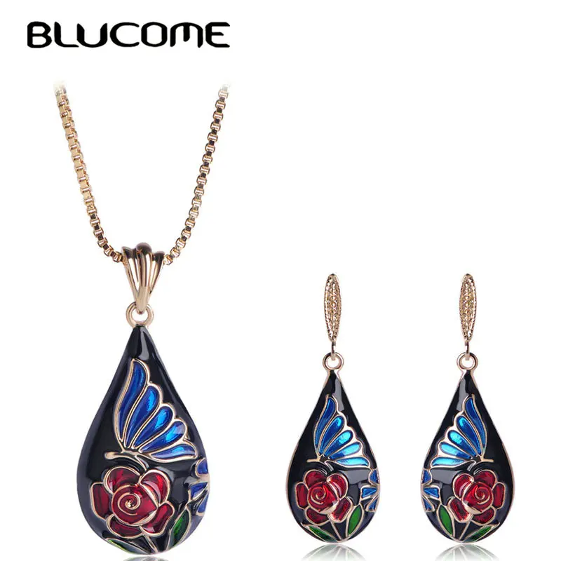 

Blucom Fashion Water Drop Shape Pendant Necklace Earrings Gold Color Alloy Blue Enamel Rose Flower Jewelry Sets For Women Bijoux