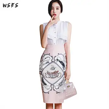 

Two Piece Set Summer Womens White Chiffon Blouses Tops Pink Print Pencil Midi Wrap Skirts Office Ladies Bandage Suit Sexy Party