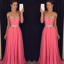 Lovey Rosa Liebsten Strass Lange Prom Kleider Sexy Backless Perlen A-linie Abendkleider Günstige Chiffon Abendkleid Zum Verkauf