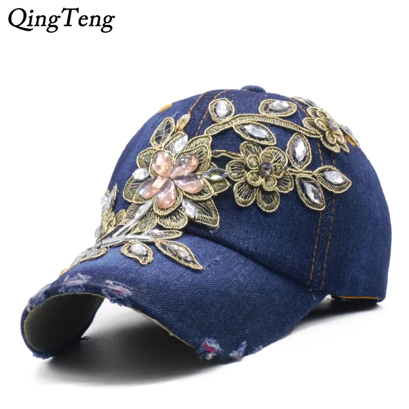 

Denim Rhinestone Women's Baseball Cap Vintage Luxury Flower Pattern Gorras Female High Quality Glass Diamond Hat