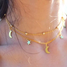 LE SKY, новинка, модное ожерелье, золото, серебро, цвет, простой, двойная луна, звезда, короткое ожерелье для женщин, ювелирное изделие, подарок