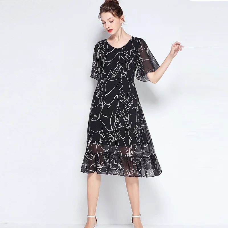 

2019Summer Ladies Plus Size elegant Chiffon Dress V neck petal sleeves pinched waist beautiful party Dress longos vestidos L-5XL