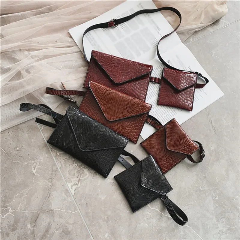 

2Pcs Women Leather Alligator Hasp Waist Packs Fanny Pack Belt Bag Phone Pouch Bags Travel Waist Pack Small Waist Chest Bag #40