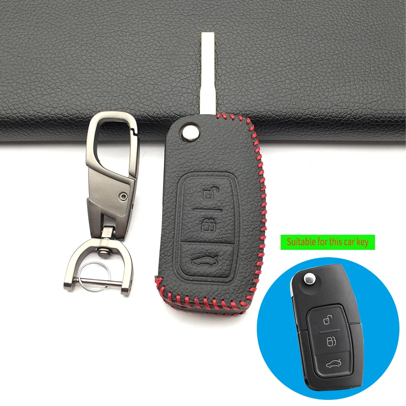 

For Ford Fiesta Focus Kuga Escape Ecosport 100% Leather Case Car Key Cover 3 Buttons Flip Folding Shell Remote Key Styling Case