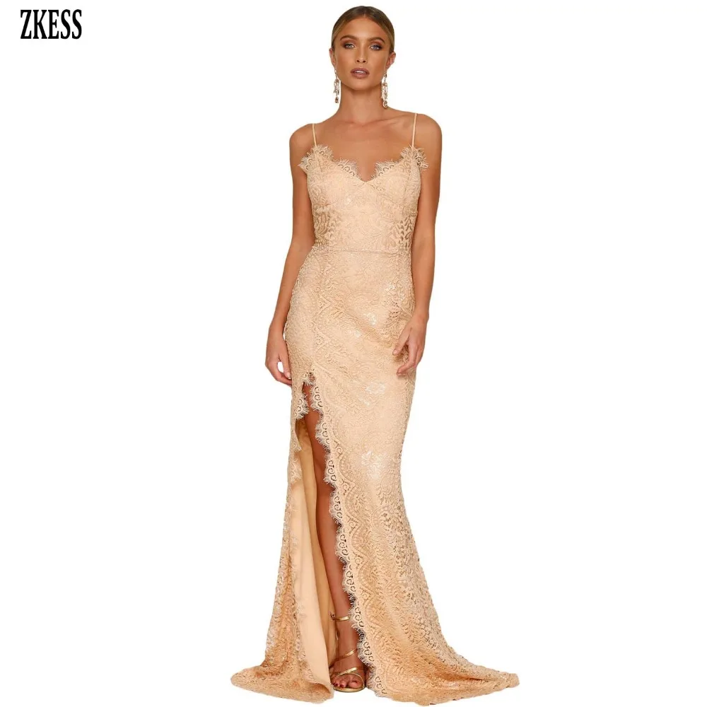 

Zkess Women Nude Black Lace Bodice Empire Backless Party Gown Dress Sexy Shoulder Strap Sleeveless Slit Formal Maxi Dress 61696