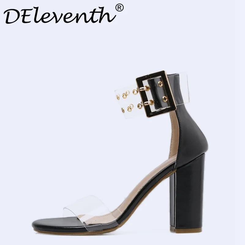 

2018 Women PU Leather Transparent Rivet Block High Heels Sandals Pumps Buckle Strap Shoes Square Heel Woman Summer Sexy Sandals