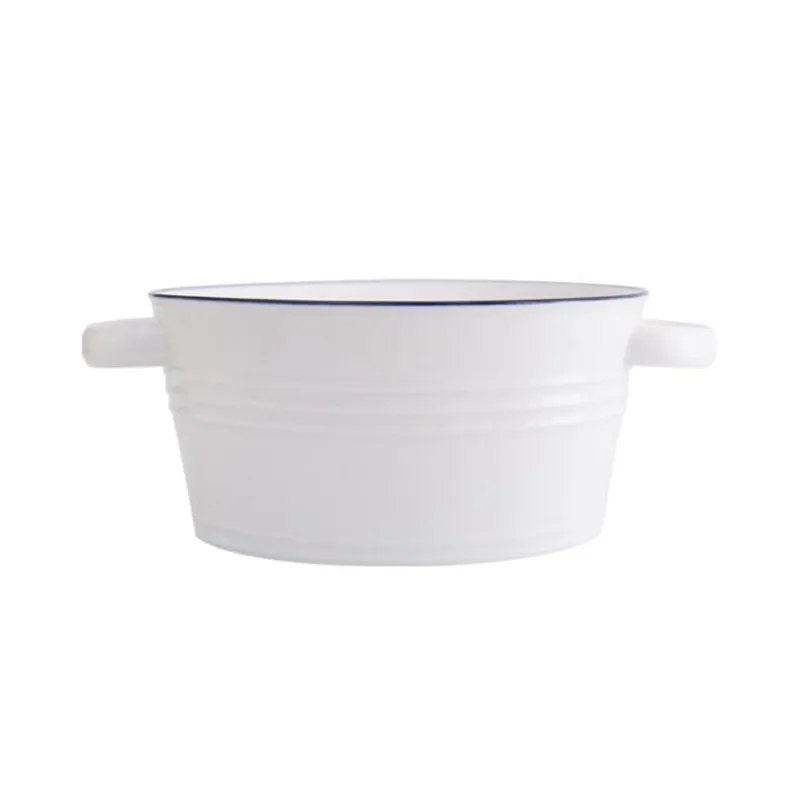 Blue Line White Ceramic Soup Bowl With Handle Nordic Western Food Container Household Pasta Dessert Plate Ceramic Tableware 1pc