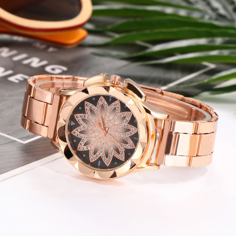 Дропшиппинг Модные женские наручные часы с золотыми цветами и стразами роскошные повседневные женские кварцевые часы Relogio Feminino горячая распродажа