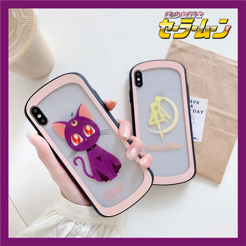 

Phone Case For Apple iphone 6s 7 8 Plus X XR XS MAX Cute Cartoon Sailor Moon Luna Transparent Clear Glass Protection Back Cover