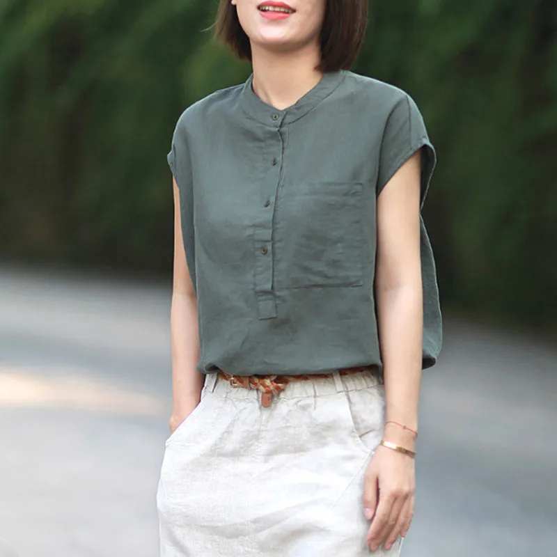 

Johnature New Sleeveless Loose Tops Summer Stand Collar Single-breasted Casual Solid Color 2019 Cotton Linen Women Shirts