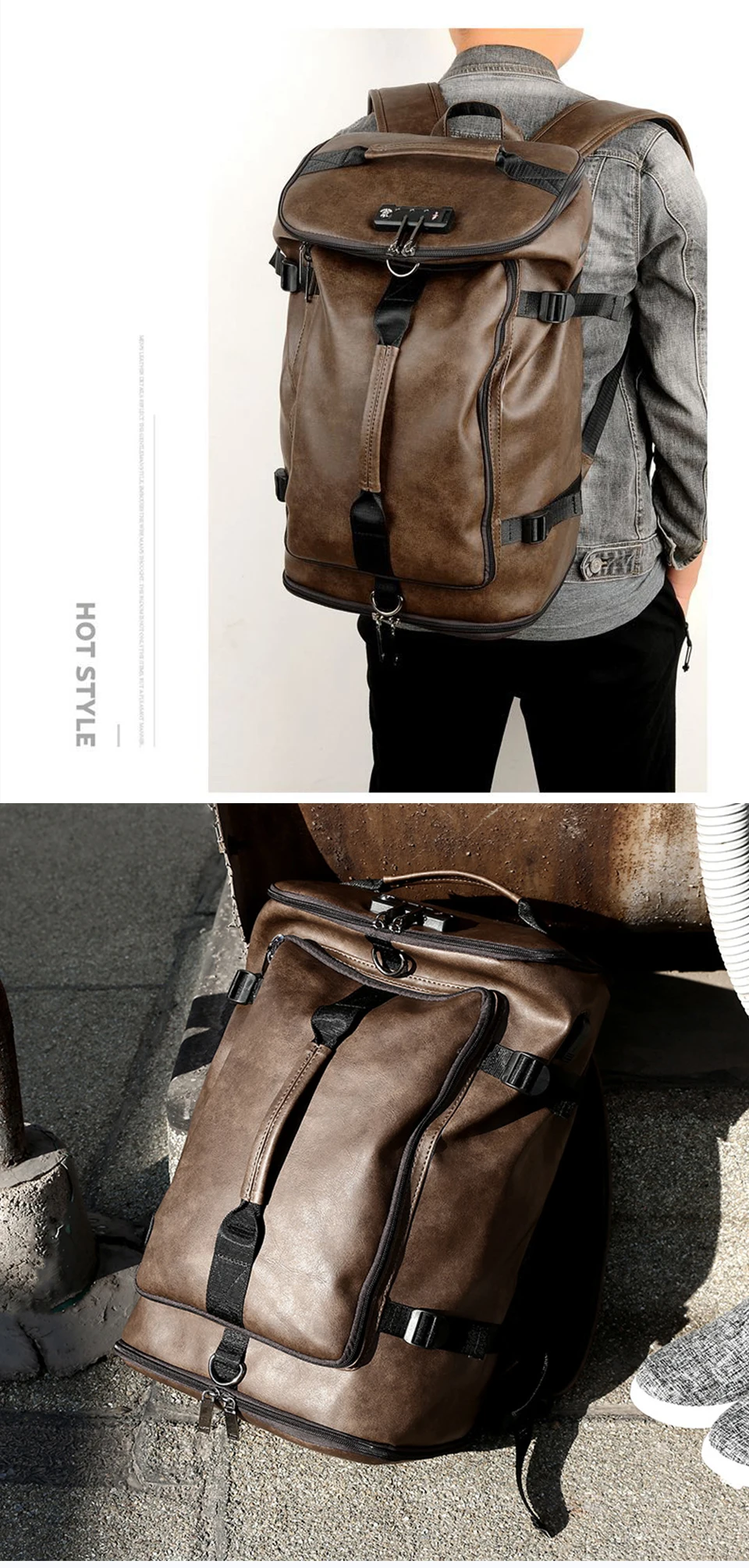Fashion Backpacks Anti Theft Backpack PU Leather Laptop 17 Inch 15.6 Back Packs Casual Men Women Bags USB Charging Style Bagpack (10)