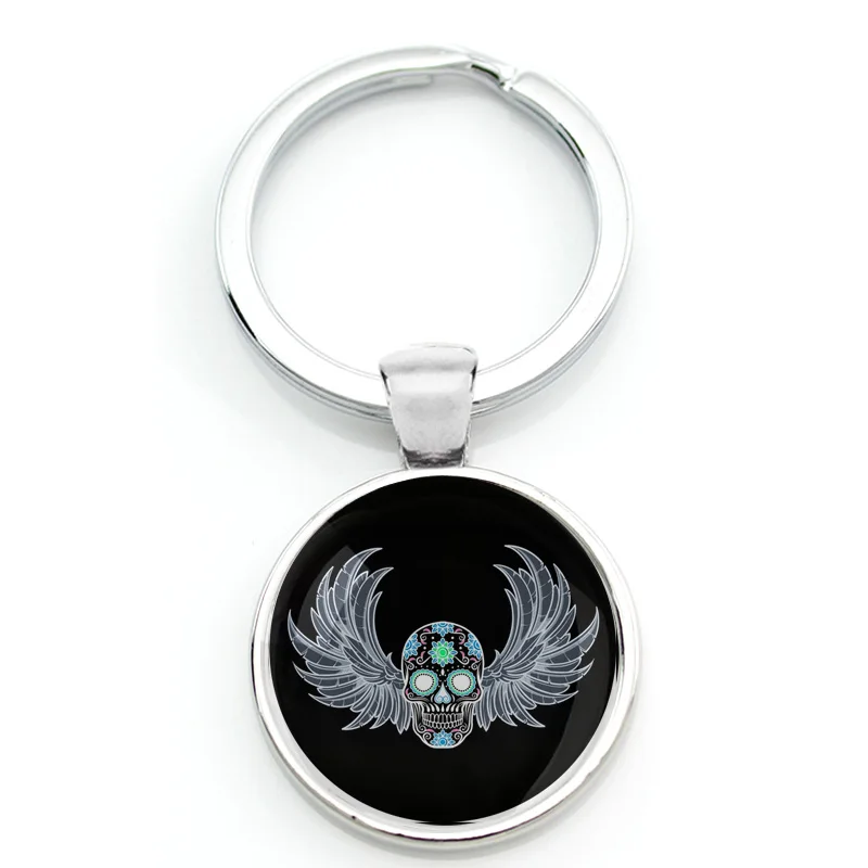 

New Design Angel Wings Symbol Key Chain Key Ring Glass Dome Pendant Keyring For Hell Skull LOGO Keychain For MC T Shirt