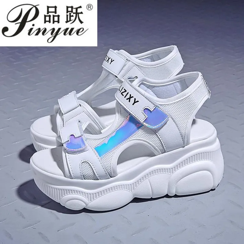 

new 2019 Summer Ladies Mesh Platform Sandals 7CM Wedges Thick Bottom Casual Women Sneakers Comfortable White Sandals