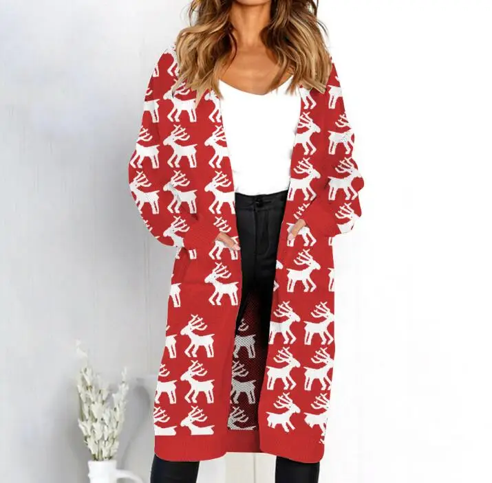 Леопардовый принт Длинные кардиганы Женская зимняя одежда открытая стежка Осенние карманы Тонкий Повседневный вязаный свитер пальто Рождественская одежда