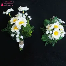 Маргаритка Свадебные цветы белая и желтая фея Кружева Свадебные запястья корсаж лучшие мужские бутоньерки ZHF07