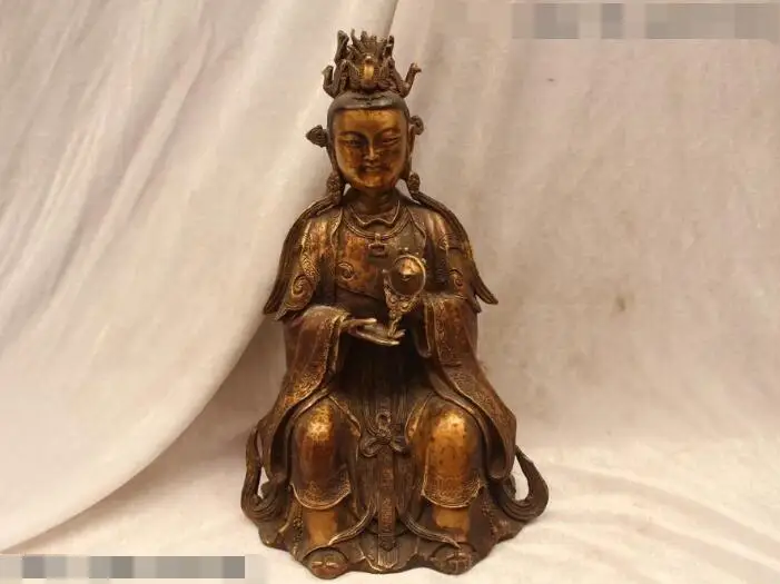 

S02986 12"China Buddhism Folk excellent Bronze Gild Sit bright mirror Kwan-Yin Statue B0403