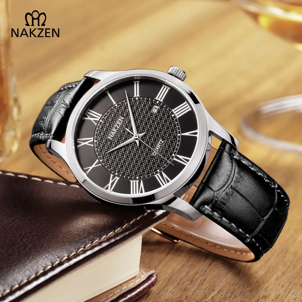 

NAKZEN Men Business Leather Fashion Quartz Watch Gifts Gents Casual Waterproof Watches Man Analog Calendar Clock Montre Homme
