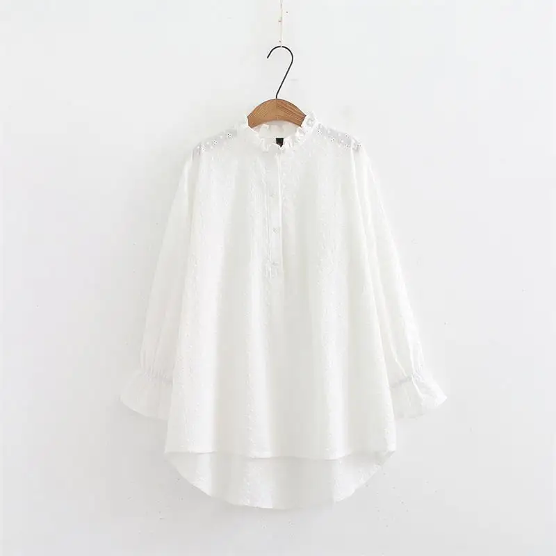 Beste Plus size ruches Kraag vrouwen kleding Lente amp; herfst vrouwen tops en blouses 2018 Geborduurde witte lange mouwen katoenen shirt