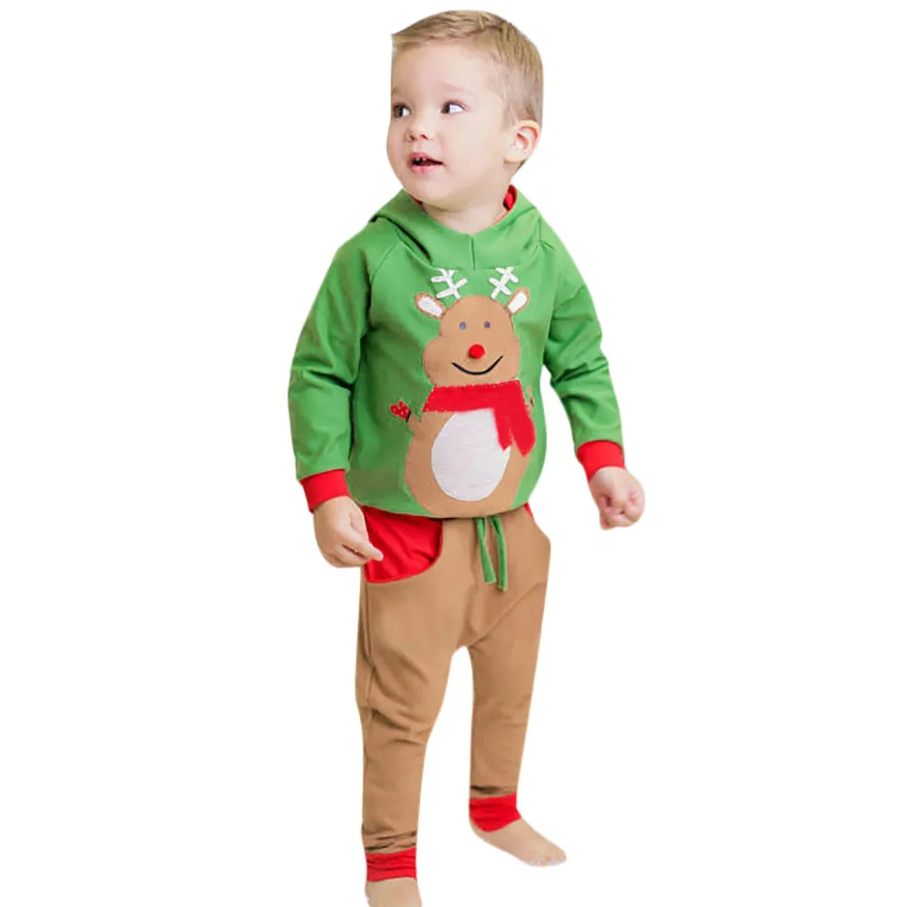 Рождественская одежда для малышей Комплект для маленьких мальчиков олень свитер с капюшоном топы+ брюки Детское одежа из 2 предметов Детские зимние штаны Комплекты одежды 3
