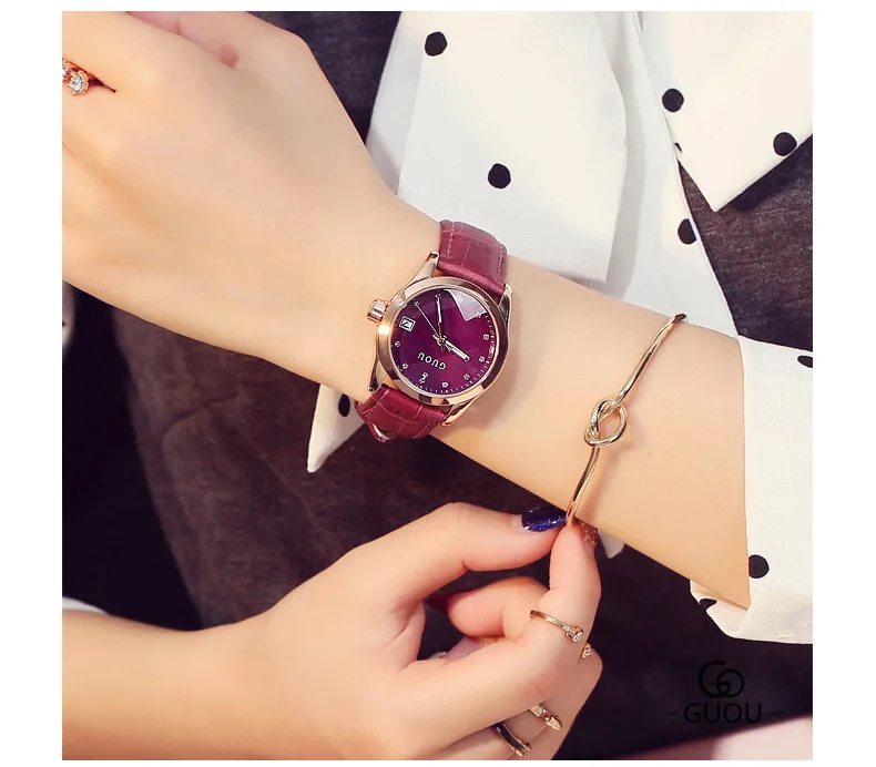 GUOU, женские часы, модные, современные, бриллиантовые часы, элегантные, кожа, Авто Дата, женские часы, часы, relojes mujer, relogio feminino - Цвет: purple