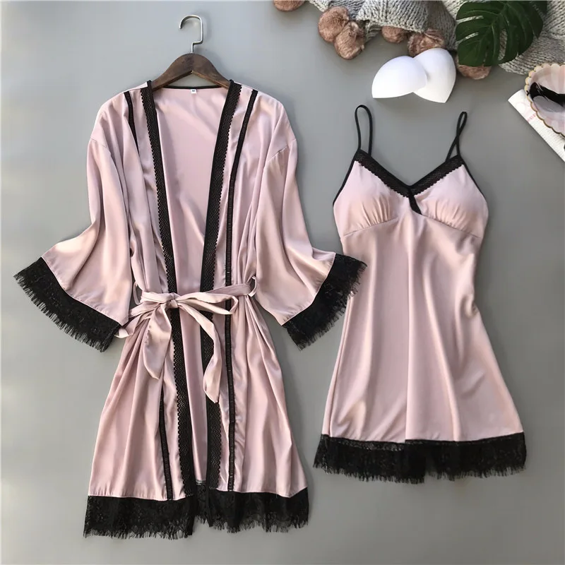 Lisacmvpnel Sexy Black Lace Women Robe Sets V Neck Spaghetti Strap With