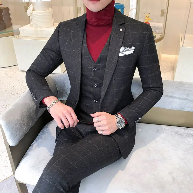 Size 5XL Men Plaid Suits Tuxedo 2019 High-end Business Wedding Party Dress Mens Suits Jacket with Vest and Pants