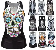 Tank Top Women Skull 3D Printed Camisole Sleeveless Satin Knitted Top Fitness Sporting Sexy Workout Tees Summer Clothes Black