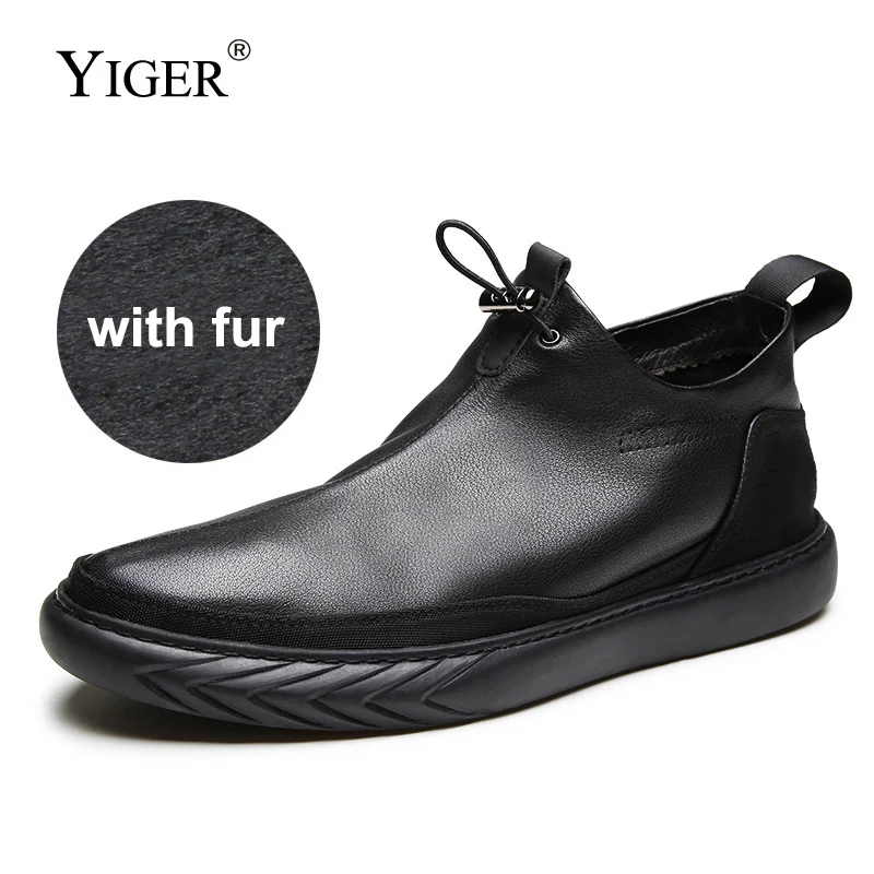 

YIGER New Men's Casual Shoes Genuine Leather Man Leisure shoes Cow Leather winter with fur warm male loafers shoes Black 0199