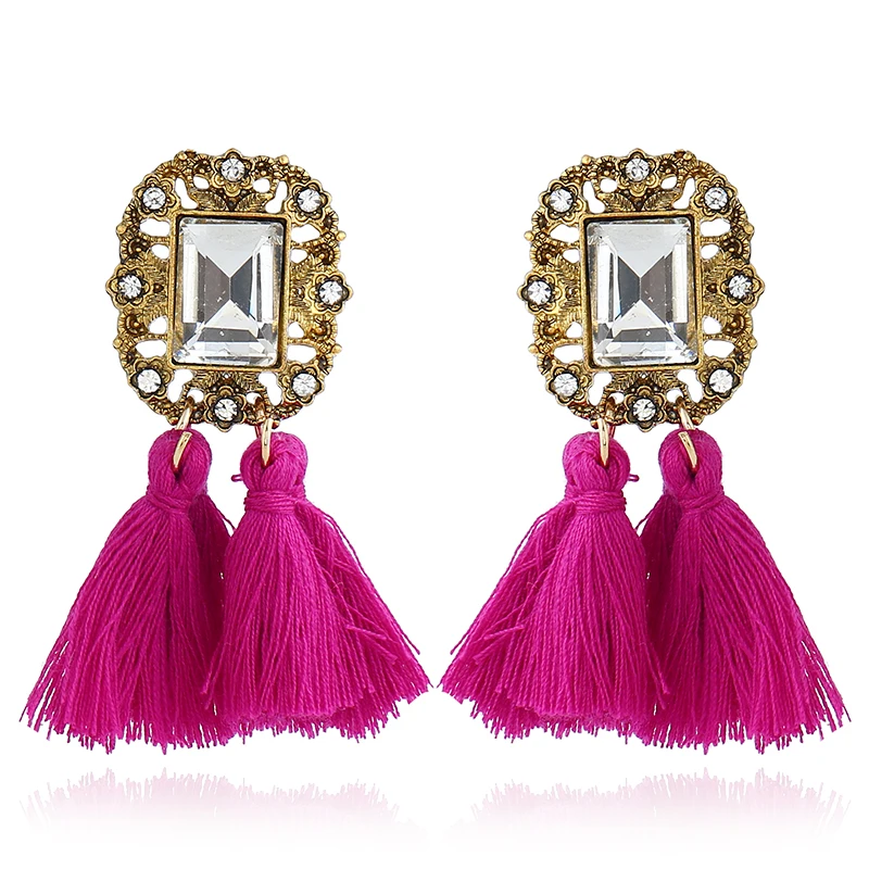 12Pcs/lot Charms Fringe Square Crystal Drop Earrings Bohemian Long