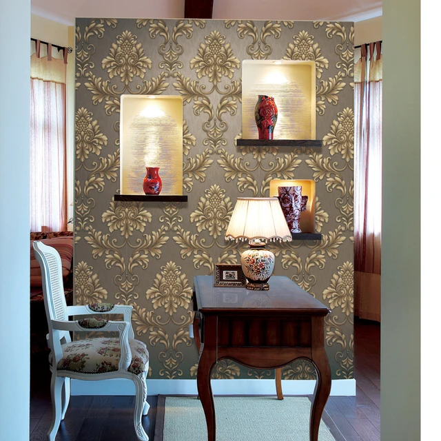 Luxury Glitter Gold Floral Damask Wallpaper Textured Yellow Vinyl Large