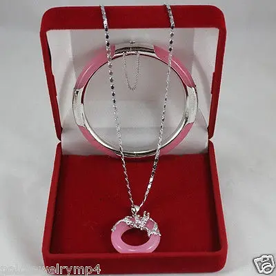

FREE SHIPPING>>@> New Jewelry pink Jade Circle Dragon Pendants Necklace Bracelet SetAAA 18K GP Plated gold Bridal wide watch win