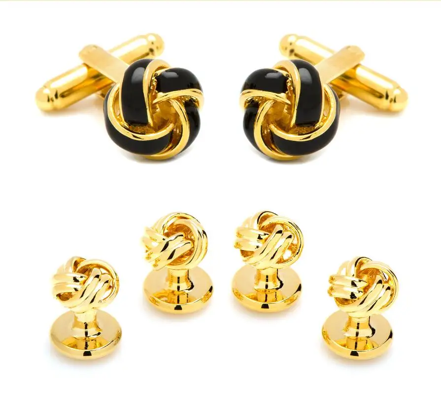 

iGame New Arrival Black and Gold Knot Stud Set Quality Brass Material Classic Dress Shirt Studs and Cuff Links Set Free Shipping