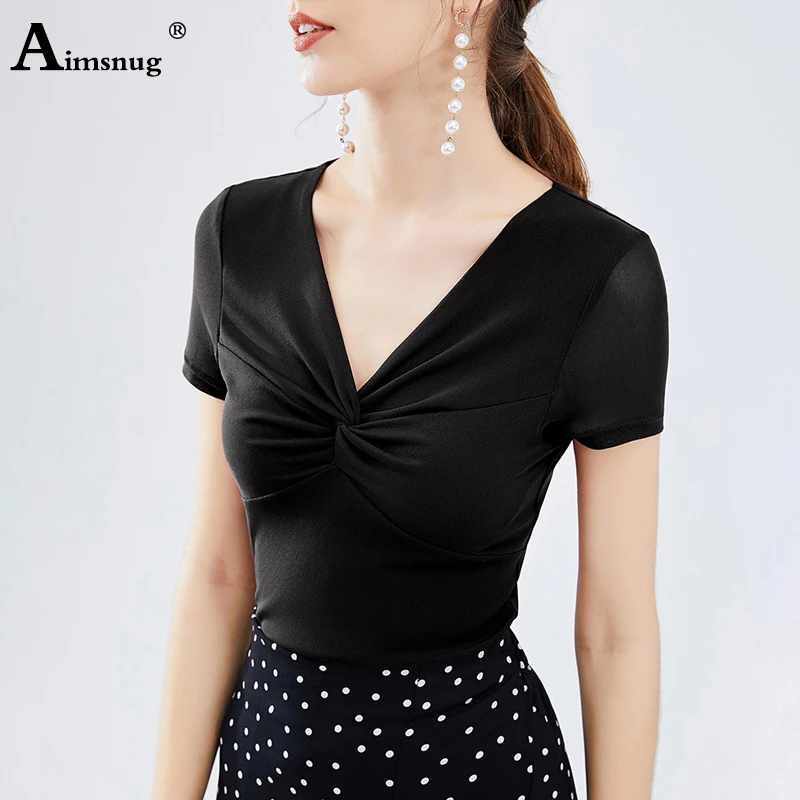 

Fashion New Summer Female T shirt Office Lady Tops Ladies Tee Shirt Irregular Knot Deep V-neck Slim Short Sleeve Women T-shirt