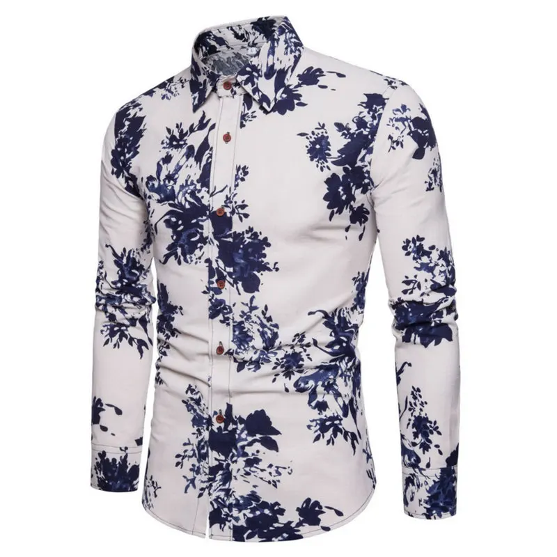 Модная повседневная мужская рубашка на весну и осень, приталенная льняная рубашка с цветочным принтом, рубашки с длинными рукавами, мужские рубашки с цветочным принтом, M-5XL