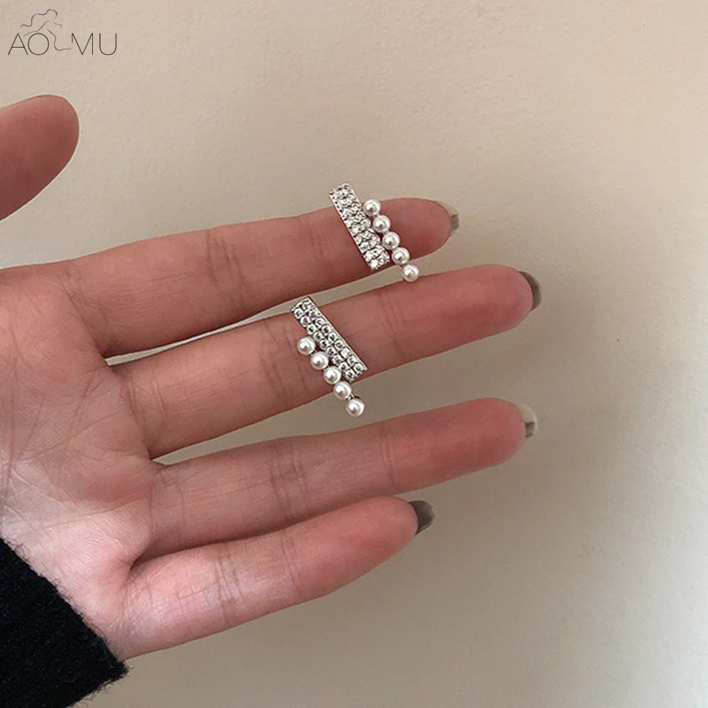 

AOMU 2019 New Chic Double Layer Crystal Geometric Square One Line Pearl Stud Earrings for Women Girl Party Wedding Jewelry Gift