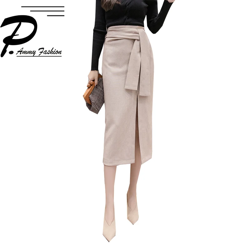 

2018 Women Fashion New England Style Autumn Split Skirt Long section irregular OL bag hip simple wild High waist A-Line skirt