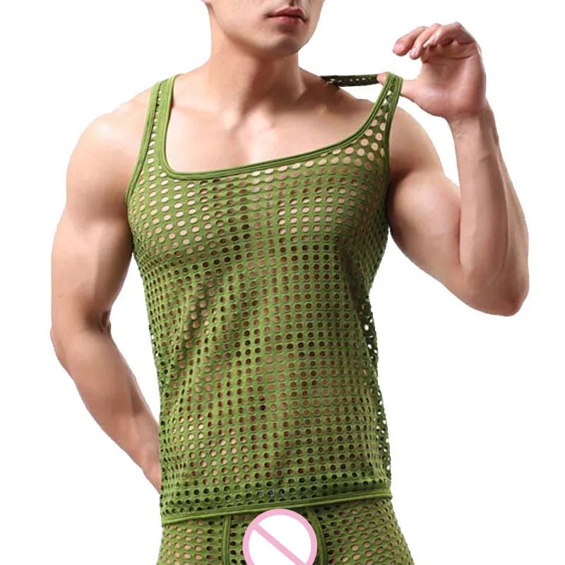 Сетчатые мужские сексуальные прозрачные стрингеры для бодибилдинга, топы, модный бренд, мужские сетчатые майки - Цвет: Зеленый