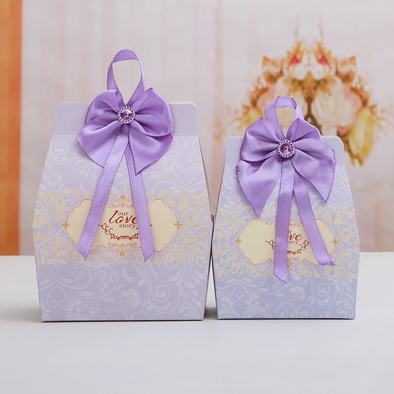 50 шт./лот, фиолетовый бант, Подарочная коробка, сладкие конфеты, органайзер для мероприятий, вечерние принадлежности, свадебные сувениры, сумки, украшение для коробочка для конфет на вечеринку