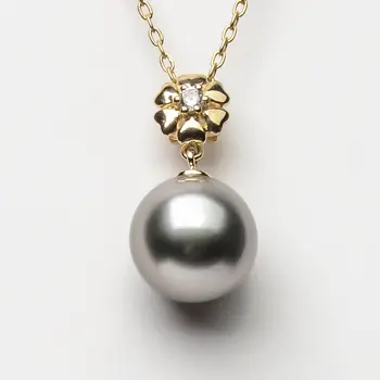 

10.3mm Round Gray Real Tahitian Cultured Pearl Flower Pendant 14k Yellow Gold Free Shipping