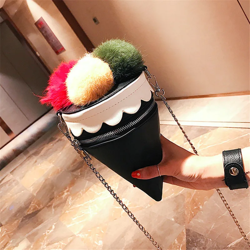 

Female Bag New Personality Big Hair Ball Ice Cream Chain Shoulder Diagonal Package Mobile Phone Bag