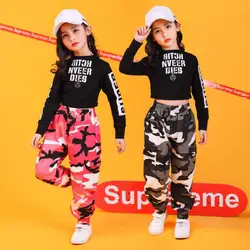 Детская одежда для бальных танцев в стиле хип-хоп, костюмы для джазовых танцев для девочек, футболка, камуфляжные штаны, одежда для сцены