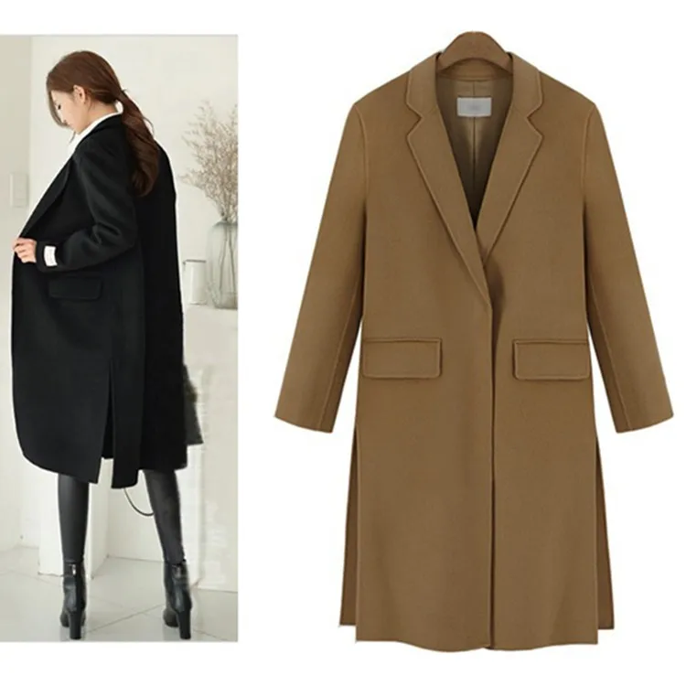 Fashion Side Slit Turn down Collar Medium Long font b Women b font Woolen font b